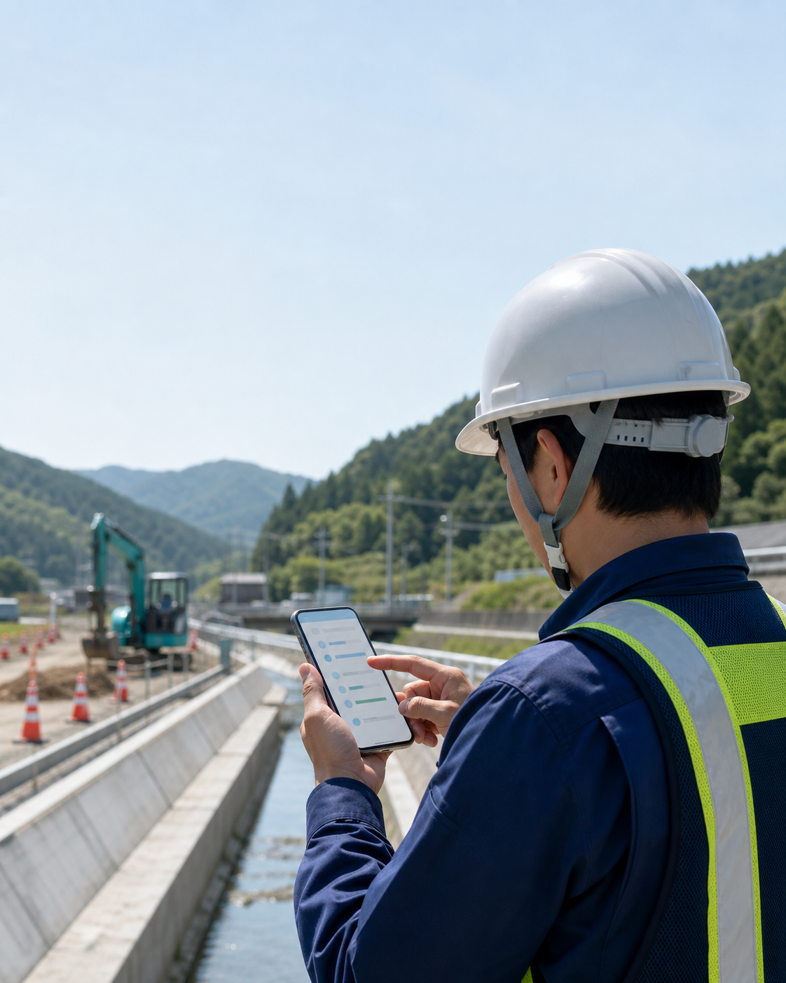 工事現場でスマートフォンのアプリを確認する施工管理者