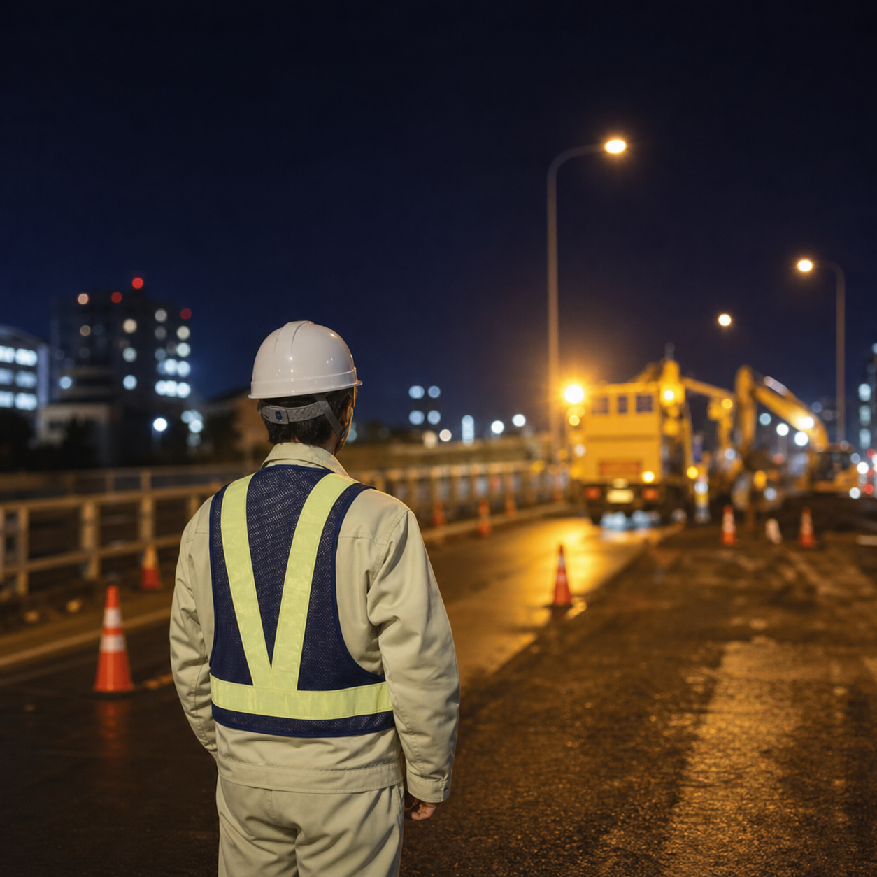 夜間道路工事の現場を見守る作業員の後ろ姿